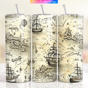 Vintage Pirate Map Tumbler Wrap PNG, 20oz Skinny Tumbler Sublimation Background, Pirate Tumbler Design, Retro Old Pirate Ship Map Tumblers