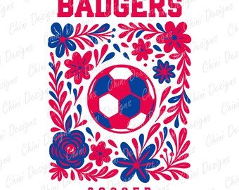 Floral Badgers PNG, Pinkish Red Blue Soccer Team Mascot, Badgers Game Day Sublimation Tshirt Design