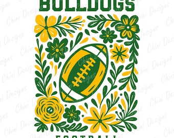 Floral Bulldogs PNG, Green Yellow Football Team Mascot, Bulldogs Game Day Sublimation Tshirt Design