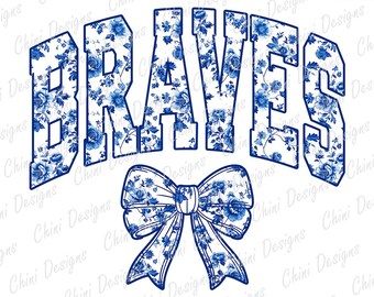 Floral Braves PNG, Blue Chinoiserie Sports Team Mascot, Toile Braves Game Day Sublimation Tshirt Design