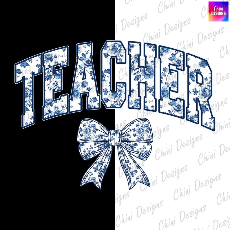 Floral Teacher PNG, Coquette Teacher PNG, Blue Bow Teacher DTF, Chinoiserie Teacher Tshirt Design, Printable Teacher Sublimation Design Png