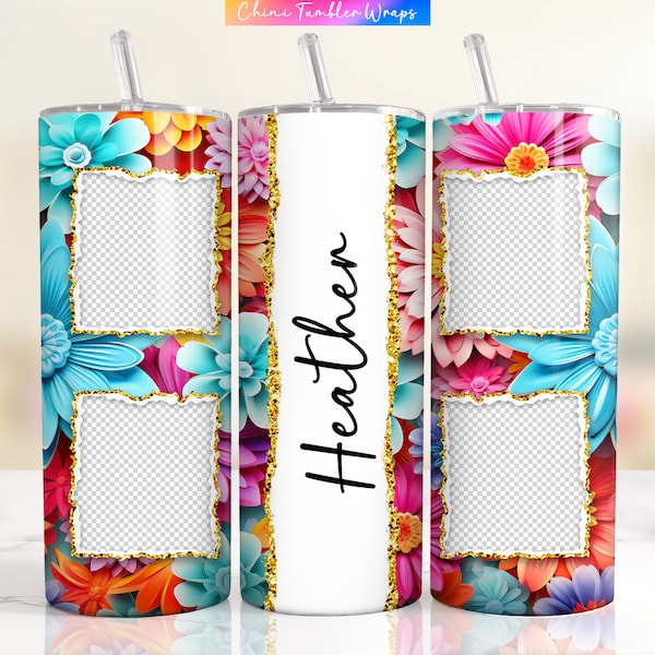 Custom Picture Tumbler Wrap, 3D Floral Photo Tumbler Wrap PNG, Personalized Name Tumbler Design, 3D Colorful Flowers Family Photo Tumblers