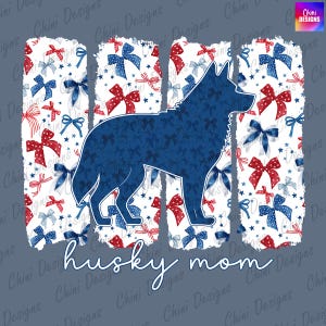 Maman Husky patriotique PNG, conception de maman Husky noeud coquette, maman chien Husky, conception de tshirt coup de pinceau patriotique, conception de sublimation du 4 juillet