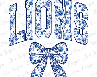 Floral Lions PNG, Blue Chinoiserie Sports Team Mascot, Toile Lions Game Day Sublimation Tshirt Design