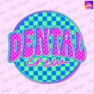 Equipe odontológica xadrez PNG, design odontológico retrô moderno, dentista neon PNG, estampa xadrez rosa e azul, design de camiseta da equipe, designs de sublimação