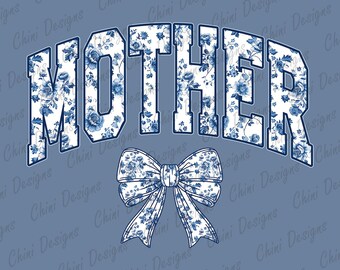 Floral Mother PNG, Coquette Tshirt Design, Blue Chinoiserie Sublimation Design