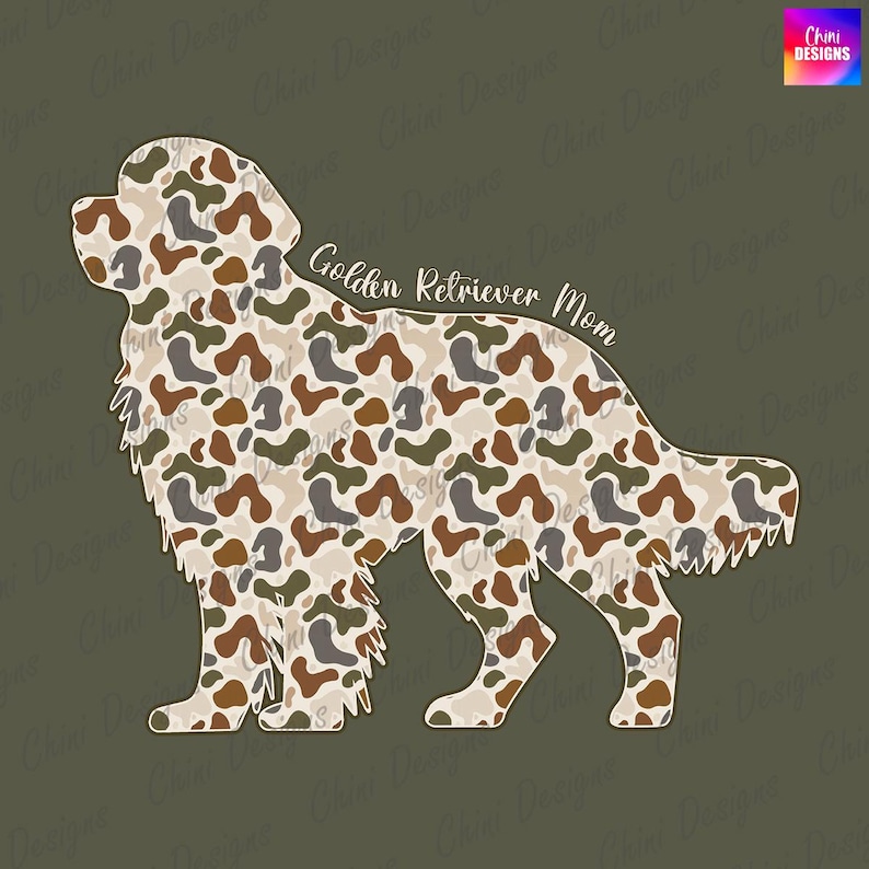 A silhouette of a golden retriever dog with a camouflage pattern.