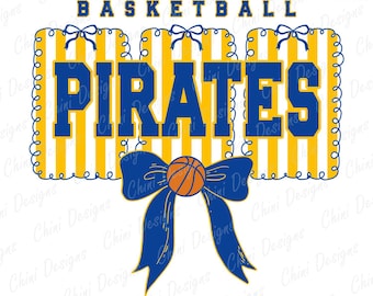 Preppy Pirates PNG, Blue Yellow Basketball Team Mascot, Coquette Pirates Game Day Sublimation Tshirt Design
