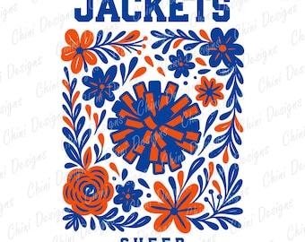Floral Jackets PNG, Blue Orange PomPom Cheer Team Mascot, Jackets Game Day Sublimation Tshirt Design