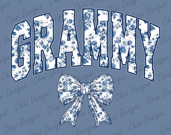 Floral Grammy PNG, Coquette Grammy PNG, Blue Bow Grammy DTF, Chinoiserie Grammy Tshirt Design, Printable Grammy Sublimation Design Download