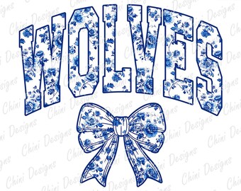 Floral Wolves PNG, Blue Chinoiserie Sports Team Mascot, Toile Wolves Game Day Sublimation Tshirt Design