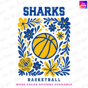 Bloemenhaaien png, blauw geel basketbalhaaienontwerp, schoolteammascottehaaien, gamedag tshirtontwerp, sublimatieontwerp, sportteam