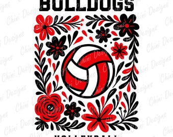 Floral Bulldogs PNG, Red Black Volleyball Team Mascot, Bulldogs Game Day Sublimation Tshirt Design