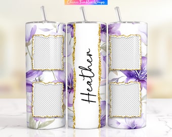 Custom Picture Tumbler Wrap, Purple Floral Photo Tumbler Wrap PNG, Personalized Name Tumblers, Pastel Lilac Flower Family Photo Tumbler PNG