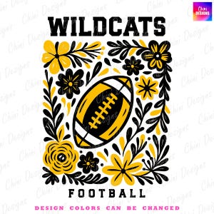 Floral Wildcats PNG, School Team Mascot Wildcats Design, Black Yellow Football Wildcats, Game Day Sublimation Tshirt Design, Sports Team Png