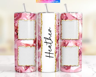 Spersonalizowane zdjęcie Tumbler Wrap, różowe zdjęcie Tumbler Wrap PNG, spersonalizowane imiona Tumblerów, kamienie szlachetne, rodzinne zdjęcia Tumblerów, różowy diament