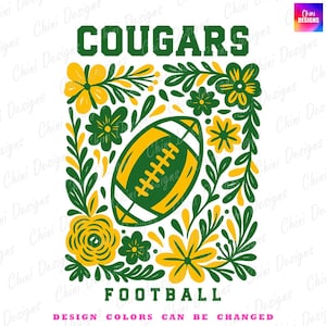 Floral Cougars PNG, School Team Mascot Cougars Design, Green Yellow Football Cougars, Game Day Tshirt Design, Sublimation Design Sports Team
