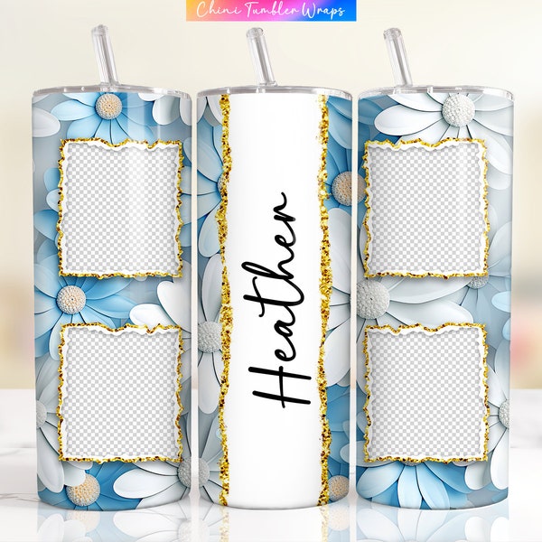 Custom Picture Tumbler Wrap, Pastel Blue Daisy Flowers Photo Tumbler Wrap PNG, Personalized Name Tumblers, Blue Floral Family Photo Tumblers