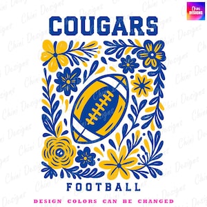 Floral Cougars PNG, School Team Mascot Cougars Design, Blue Yellow Football Cougars, Game Day Tshirt Design, Sublimation Design Sports Team