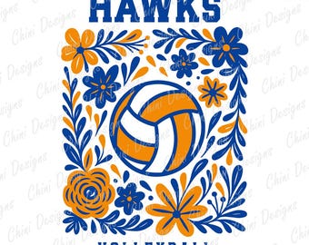 Floral Hawks PNG, Blue Orange Volleyball Team Mascot, Hawks Game Day Sublimation Tshirt Design