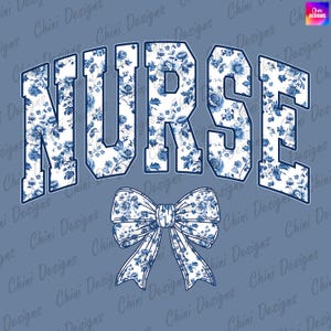 Bloemen verpleegkundige png, coquette verpleegkundige png, blauwe strik verpleegkundige dtf, chinoiserie verpleegkundige tshirt ontwerp, afdrukbare verpleegkundige sublimatie ontwerp png-download