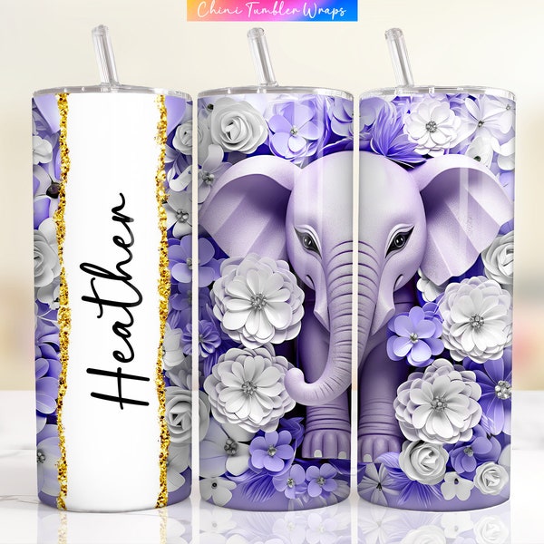 Name Tumbler Wrap, 3D Baby Elephant Tumbler PNG, Personalized Name Tumbler Design Custom, Pastel Purple Elephant Sublimation Tumbler Design