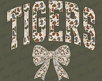 Camo Tigers PNG, School Team Mascot Tigers Design, Retro Camouflage Tigers, Game Day Tshirt Design Png, Sublimation Design Sports Team Cheer