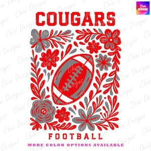 Floral Cougars PNG, School Team Mascot Cougars Design, Red Grey Football Cougars, Game Day Tshirt Design, Sublimation Design Sports Team Png