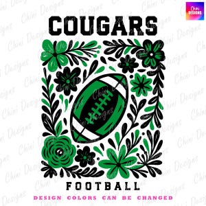 Floral Cougars PNG, School Team Mascot Cougars Design, Black Green Football Cougars, Game Day Tshirt Design, Sublimation Design Sports Team