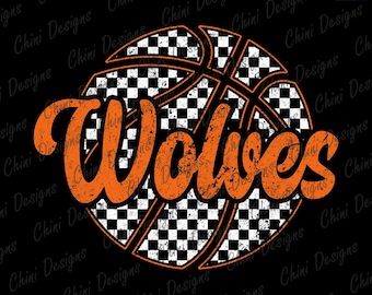 Basketball Wolves PNG, Checkered Sports Team Mascot, Retro Wolves Game Day Sublimation Tshirt Design