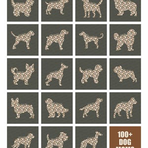The image is a collage of various dog silhouettes, each with a unique pattern or design, arranged in a grid format.