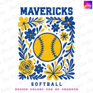 Floral Mavericks PNG, Blue Yellow Softball Mavericks Design, School Team Mascot Mavericks, Soft Ball Game Day Sublimation Tshirt Design Png