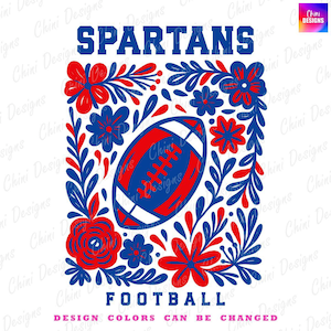 Floral Spartans PNG, School Team Mascot Spartans Design, Blue Red Football Spartans, Game Day Sublimation Tshirt Design, Sports Team Png