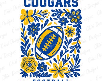 Floral Cougars PNG, School Team Mascot Cougars Design, Blue Yellow Football Cougars, Game Day Tshirt Design, Sublimation Design Sports Team