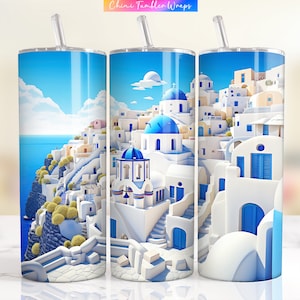 Santorini Tumbler Wrap, 20oz Skinny Tumbler Sublimation Design, Greece Tumbler Designs, 3D Santorini Wraps, Santorini Landscape Tumblers PNG