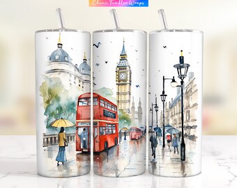 London Street Tumbler Wrap PNG, 20oz Skinny Tumbler Sublimation Design, London Tumbler Designs, London Landscape Sublimation Tumbler PNG