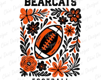 Bloemen Bearcats png, schoolteam mascotte Bearcats ontwerp, zwartoranje voetbal Bearcats, Game Day sublimatie tshirt ontwerp, sportteam png