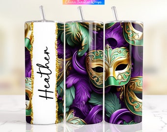 Custom Name Tumbler Wrap, Mardi Gras Mask Tumbler PNG, Personalized Name Design, Mardi Gras Sublimation Tumbler Seamless New Orleans Party