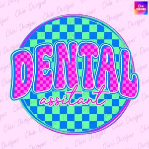 Asystent stomatologiczny w kratkę PNG, modny retro design stomatologiczny, neonowy dentysta Png, różowo-niebieski nadruk w kratkę, projekt koszulki, projekty sublimacji