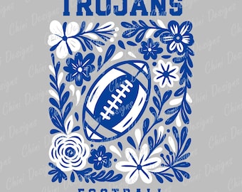 Floral Trojans PNG, Blue White Football Team Mascot, Trojans Game Day Sublimation Tshirt Design