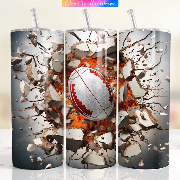 3D Rugby Tumbler Wrap PNG, 20oz Skinny Tumbler Sublimation Design, Game Day Tumbler Design, 3D Cracked Wall Rugby 20oz Sublimation Tumblers