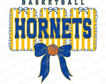 Preppy Hornets PNG, Blue Yellow Basketball Team Mascot, Coquette Hornets Game Day Sublimation Tshirt Design