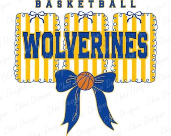 Preppy Wolverines PNG, Blue Yellow Basketball Team Mascot, Coquette Wolverines Game Day Sublimation Tshirt Design