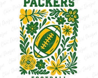 May include: Green and yellow floral design with the word "PACKERS" at the top and "FOOTBALL" at the bottom. A football is in the center, surrounded by flowers and leaves. The text "DESIGN COLORS CAN BE CHANGED" is at the bottom.