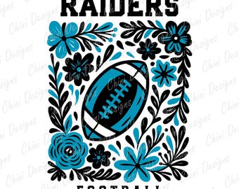 Floral Raiders PNG, Black Blue Football Team Mascot, Raiders Game Day Sublimation Tshirt Design