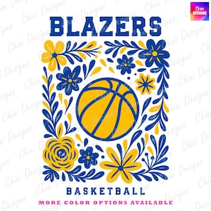 Floral Blazer PNG, Blau Gelb Basketball Blazer Design, Schulteam Maskottchen Blazer, Spieltag Sublimation Tshirt Design Png, Sportteam