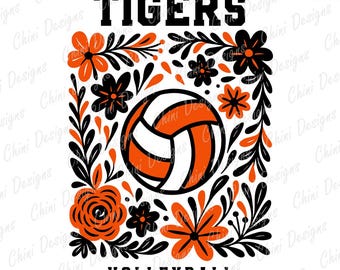 Floral Tigers PNG, Black Orange Volleyball Team Mascot, Tigers Game Day Sublimation Tshirt Design