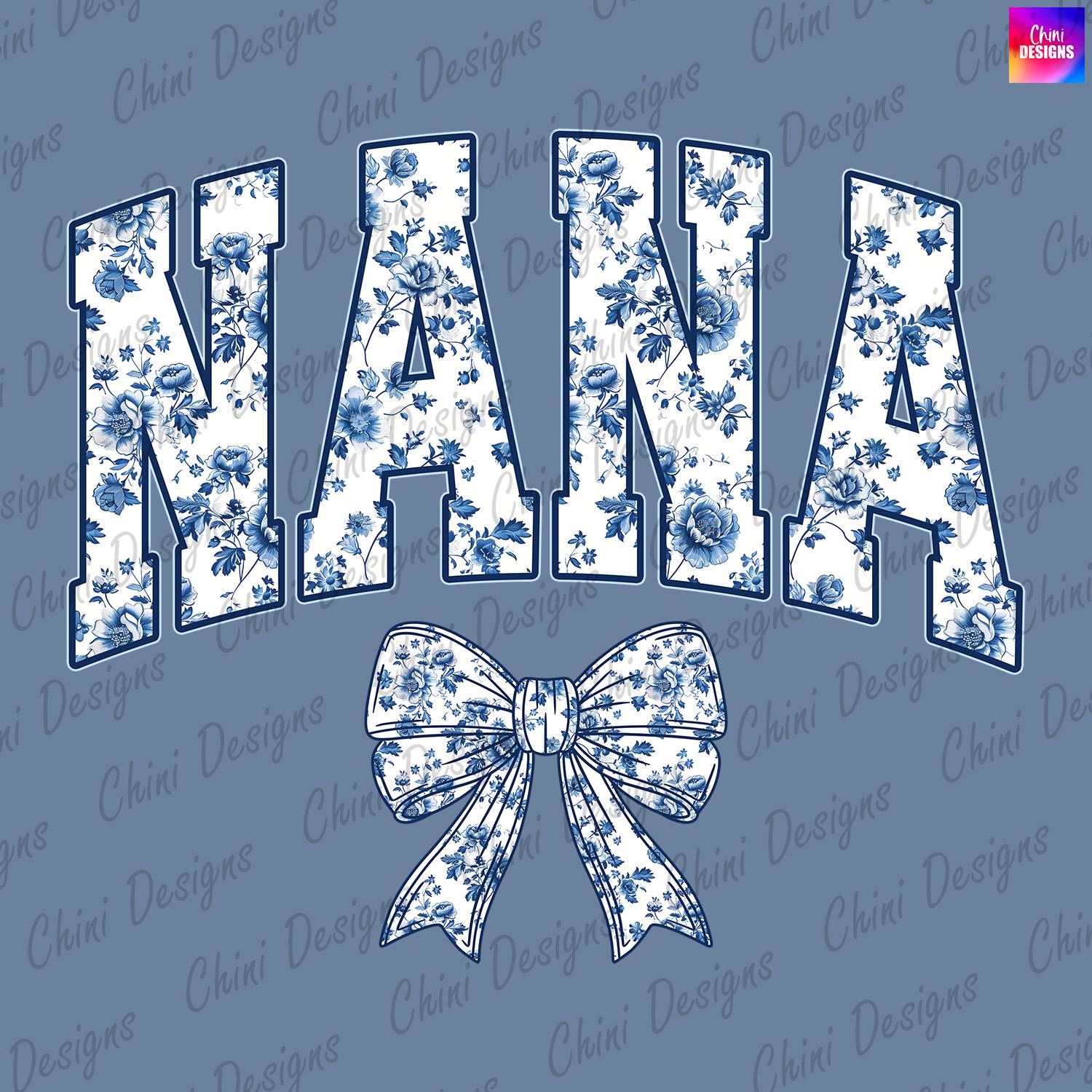 Nana Design Floral Nana PNG, Coquette Nana PNG, Blue Bow Nana DTF, Chinoiserie Nana ...