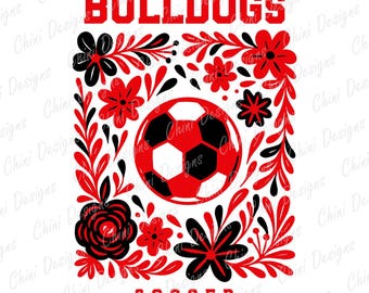 Floral Bulldogs PNG, Red Black Soccer Team Mascot, Bulldogs Game Day Sublimation Tshirt Design