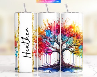 Emballage de gobelet prénom, arbre de vie PNG, design de gobelet prénom personnalisé, arbre coloré Sublimation gobelet yoga dessins PNG